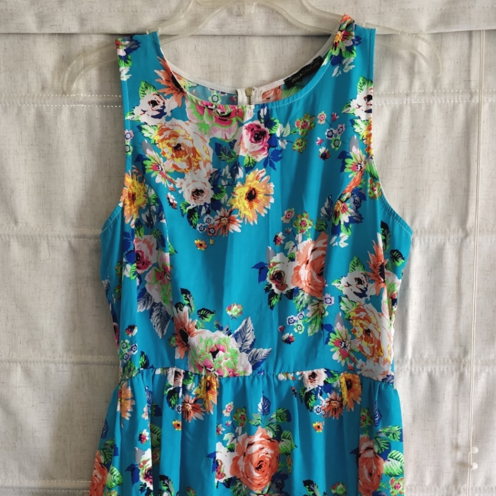 Blue, pink, green floral Jella Couture sleeveless short dress